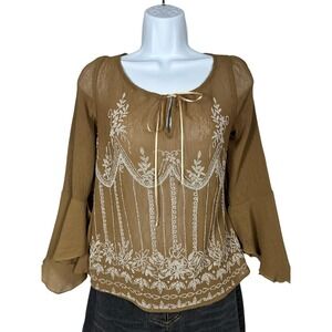 Damoda Womens Y2K Brown Boho Embellished Tie Neck Sheer Bell Sleeve Blouse Small
